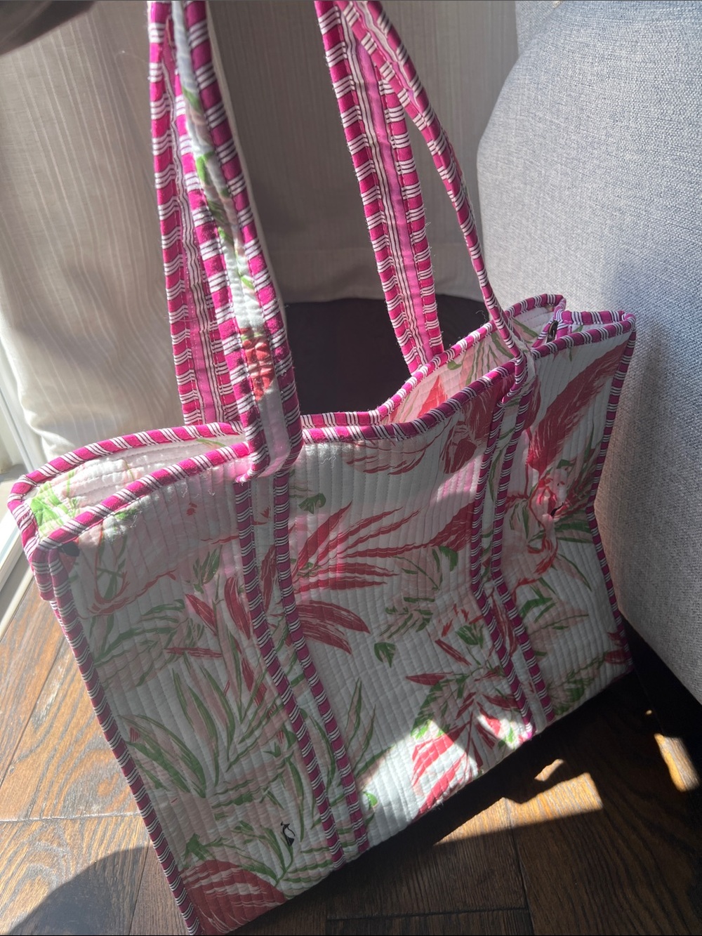 Pink Floral Quilted flamingo Tote Bag - Lightweight Everyday Carry